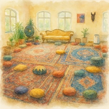 Ein Blick in einen warmen Raum mit Meditationskissen auf dem Boden und einen Sofa